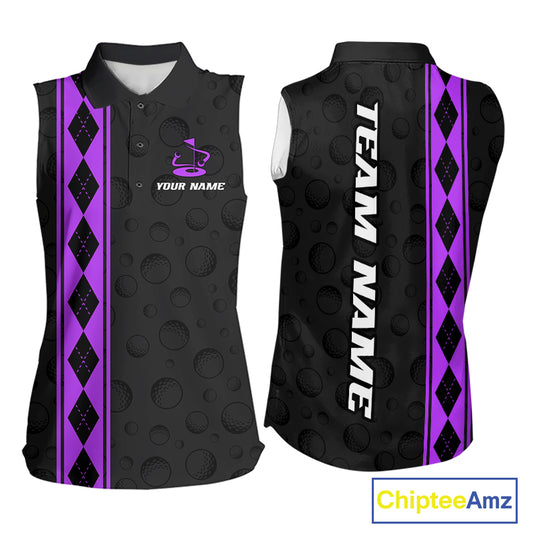 Purple Argyle Golf Sleeveless Polo Shirt Custom Name Golf Shirt For Women Golf Ball Argyle Golf Team Shirts NYN4165