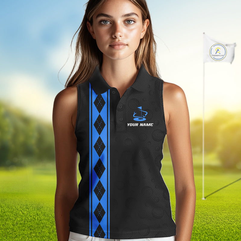 Blue Argyle Golf Sleeveless Polo Shirt Custom Name Golf Shirt For Women Golf Ball Argyle Golf Team Shirts NYN4166