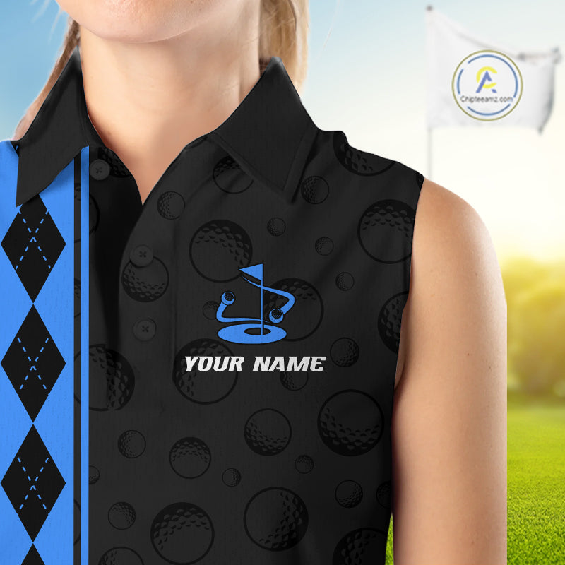 Blue Argyle Golf Sleeveless Polo Shirt Custom Name Golf Shirt For Women Golf Ball Argyle Golf Team Shirts NYN4166