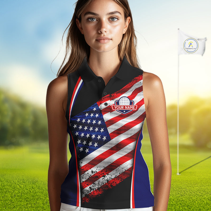 Custom Golf Sleeveless Polo Shirt For Women Personalized American Flag Golf Jersey Patriotic Golf Team Apparel NYN4569