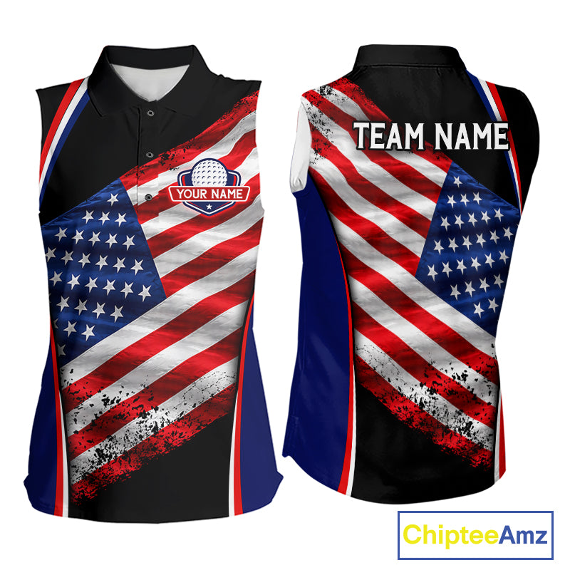 Custom Golf Sleeveless Polo Shirt For Women Personalized American Flag Golf Jersey Patriotic Golf Team Apparel NYN4569