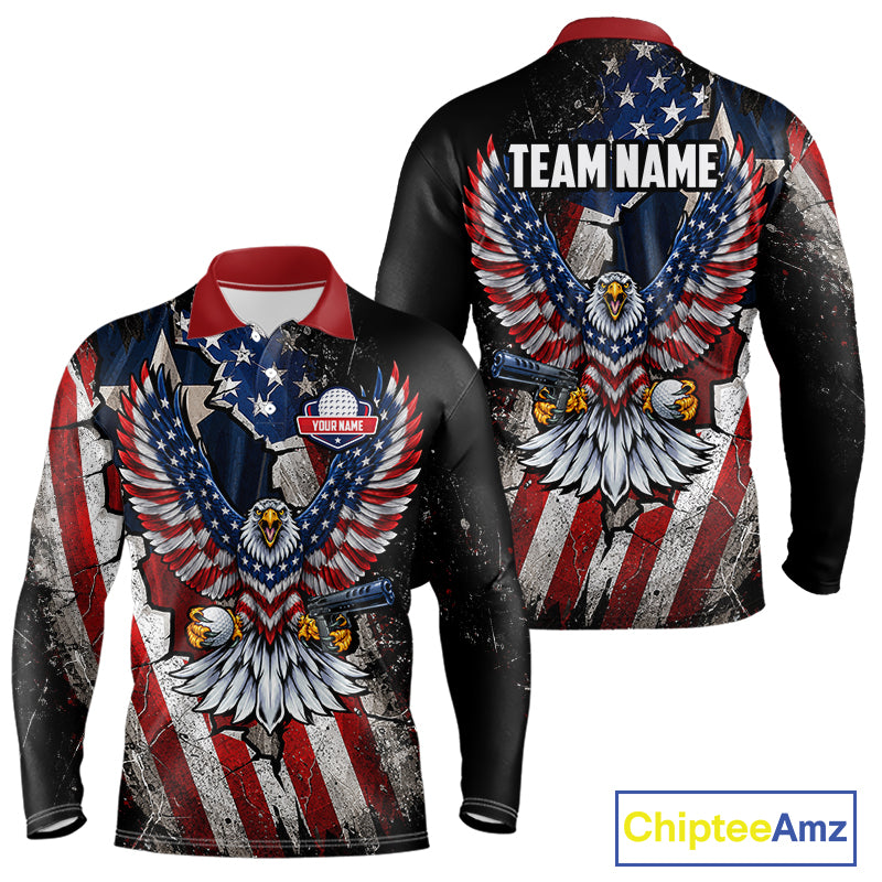 Gun Eagle Golf Polo Shirt For Men Custom Texas Flag Golf Jersey US Flag Patriotic Golf Apparel NYN4578