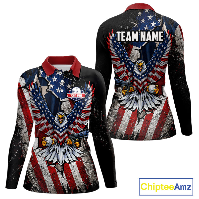 Gun Eagle Golf Polo Shirt For Women Custom Texas Flag Golf Jersey US Flag Patriotic Golf Apparel NYN4578