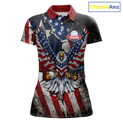 Gun Eagle Golf Polo Shirt For Women Custom Texas Flag Golf Jersey US Flag Patriotic Golf Apparel NYN4578
