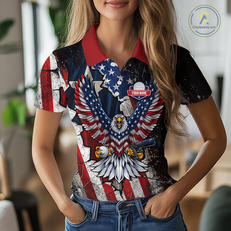 Gun Eagle Golf Polo Shirt For Women Custom Texas Flag Golf Jersey US Flag Patriotic Golf Apparel NYN4578