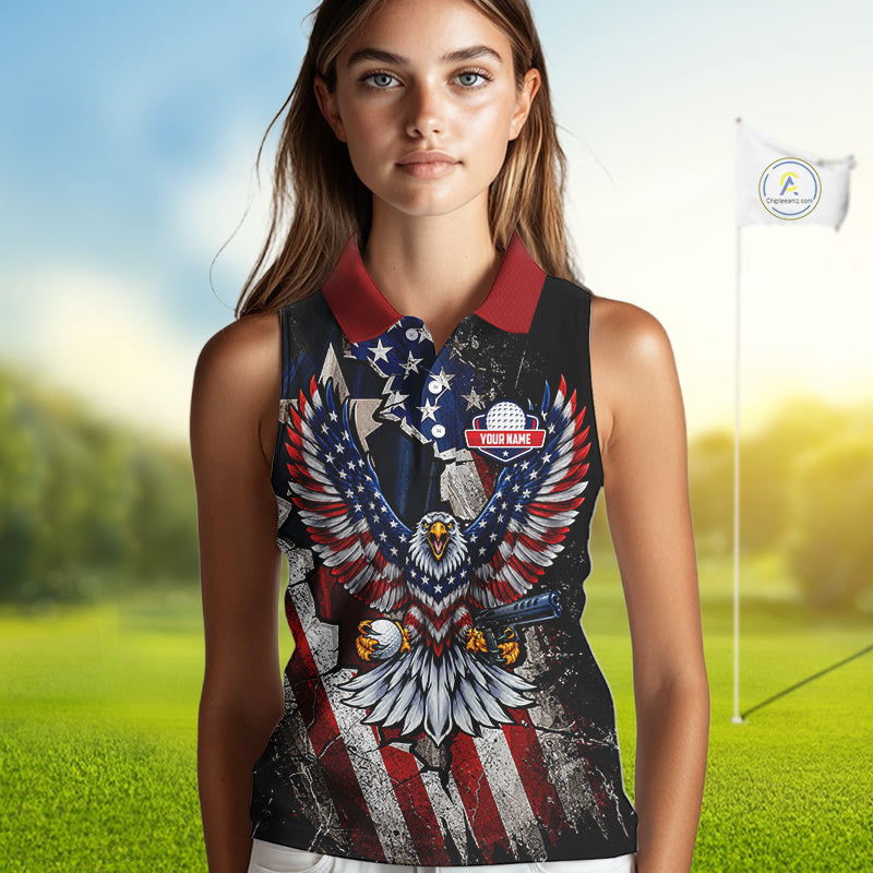 Gun Eagle Golf Sleeveless Polo Shirt For Women Custom Texas Flag Golf Jersey US Flag Patriotic Golf Apparel NYN4578