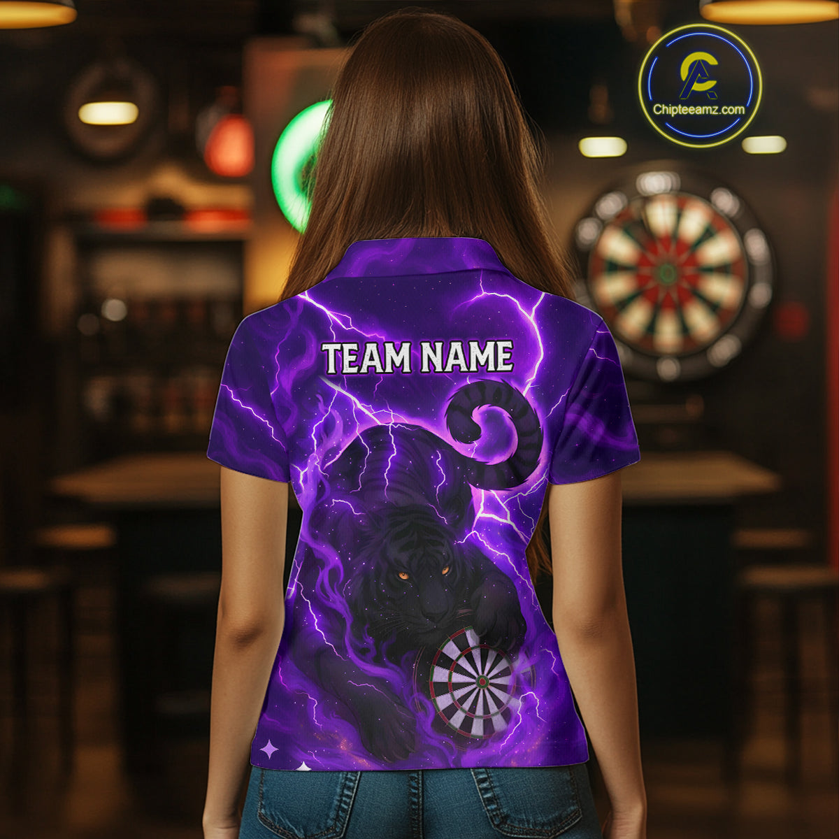 Custom Smoke Tiger Lightning Purple Dartboard Dart Women Polo Jerseys Funny Dart Shirts NYN1734