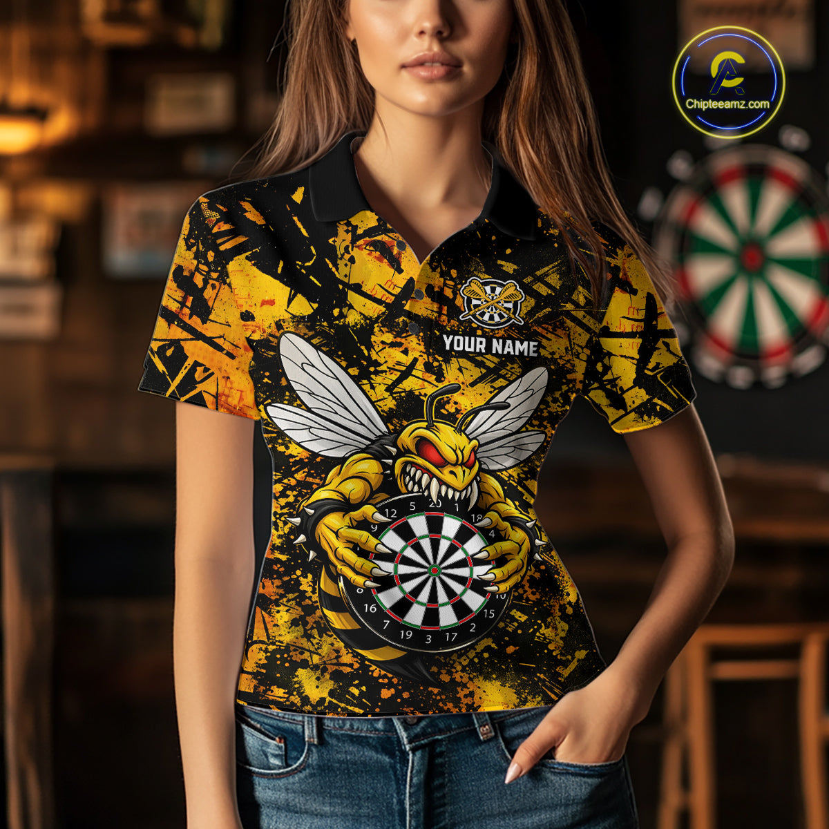 Yellow Black Grunge Bee Darts Shirt Custom Name Darts Shirts For Women Funny Darts Team Jerseys NYN2898