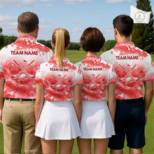 Load image into Gallery viewer, Men women golf team wearing matching blue water splash golf polo shirts, custom golf team uniforms, golf league apparel