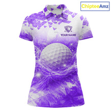 Load image into Gallery viewer, Purple women's golf polo shirt with water splash golf ball pattern, ladies golf apparel, custom golf team clothing
