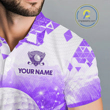 Load image into Gallery viewer, Male golfer wearing purple water splash golf polo shirt, men's golf clothing, custom golf apparel