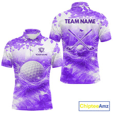 Load image into Gallery viewer, Purple men's golf polo shirt with water splash golf ball pattern, men's golf apparel, custom golf team clothing, golf league shirt