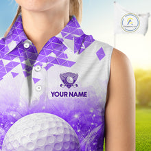 Load image into Gallery viewer, Female golfer wearing purple water splash golf polo shirt, women's golf clothing, custom golf apparel