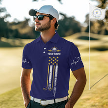 Load image into Gallery viewer, Male golfer wearing yellow blue grunge American flag golf polo shirt, patriotic golf clothing, golf tournament outfit