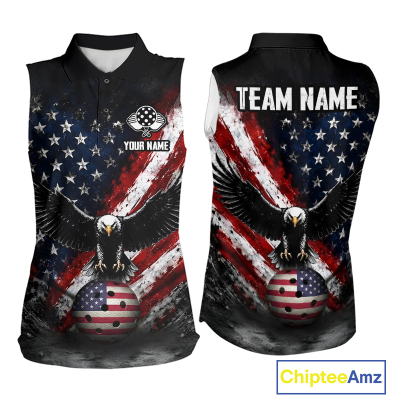 Vintage American Flag Eagle Women's Pickleball Sleeveless Polo, Patriotic Pickleball Polo, Personalized USA Tournament Apparel, Freedom, Leadership & American Pride