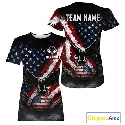 Vintage American Flag Eagle Women's Pickleball T-Shirt, Personalized Patriotic Pickleball Shirt, Eagle Sports Apparel, USA Tournament Tee