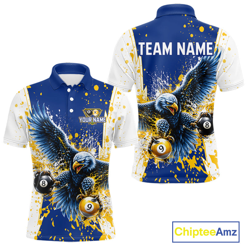 Yellow & Blue Splash Eagle 8 Ball & 9 Ball Billiard Pool Shirt For Men Custom Name Billiard Team Jersey NYN4177
