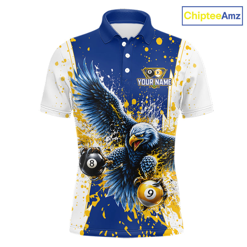 Yellow & Blue Splash Eagle 8 Ball & 9 Ball Billiard Pool Shirt For Men Custom Name Billiard Team Jersey NYN4177