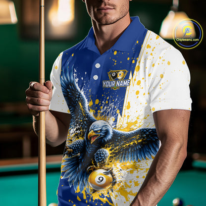 Yellow & Blue Splash Eagle 8 Ball & 9 Ball Billiard Pool Shirt For Men Custom Name Billiard Team Jersey NYN4177