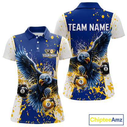 Yellow & Blue Splash Eagle 8 Ball & 9 Ball Billiard Pool Shirt For Women Custom Name Billiard Team Jersey NYN4177