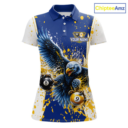 Yellow & Blue Splash Eagle 8 Ball & 9 Ball Billiard Pool Shirt For Women Custom Name Billiard Team Jersey NYN4177