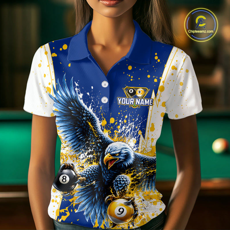 Yellow & Blue Splash Eagle 8 Ball & 9 Ball Billiard Pool Shirt For Women Custom Name Billiard Team Jersey NYN4177