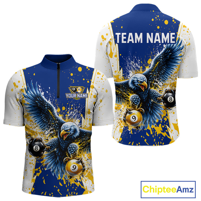 Yellow & Blue Splash Eagle 8 Ball & 9 Ball Billiard Pool Shirt For Men Custom Name Billiard Team Jersey NYN4177