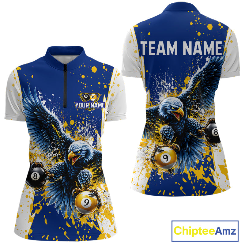 Yellow & Blue Splash Eagle 8 Ball & 9 Ball Billiard Pool Shirt For Women Custom Name Billiard Team Jersey NYN4177