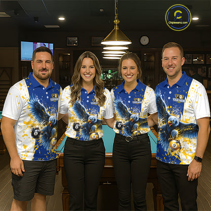 Yellow & Blue Splash Eagle 8 Ball & 9 Ball Billiard Pool Shirt For Men Custom Name Billiard Team Jersey NYN4177