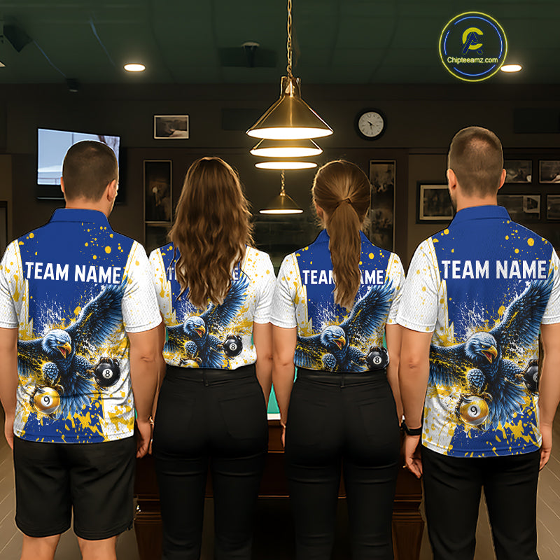 Yellow & Blue Splash Eagle 8 Ball & 9 Ball Billiard Pool Shirt For Men Custom Name Billiard Team Jersey NYN4177