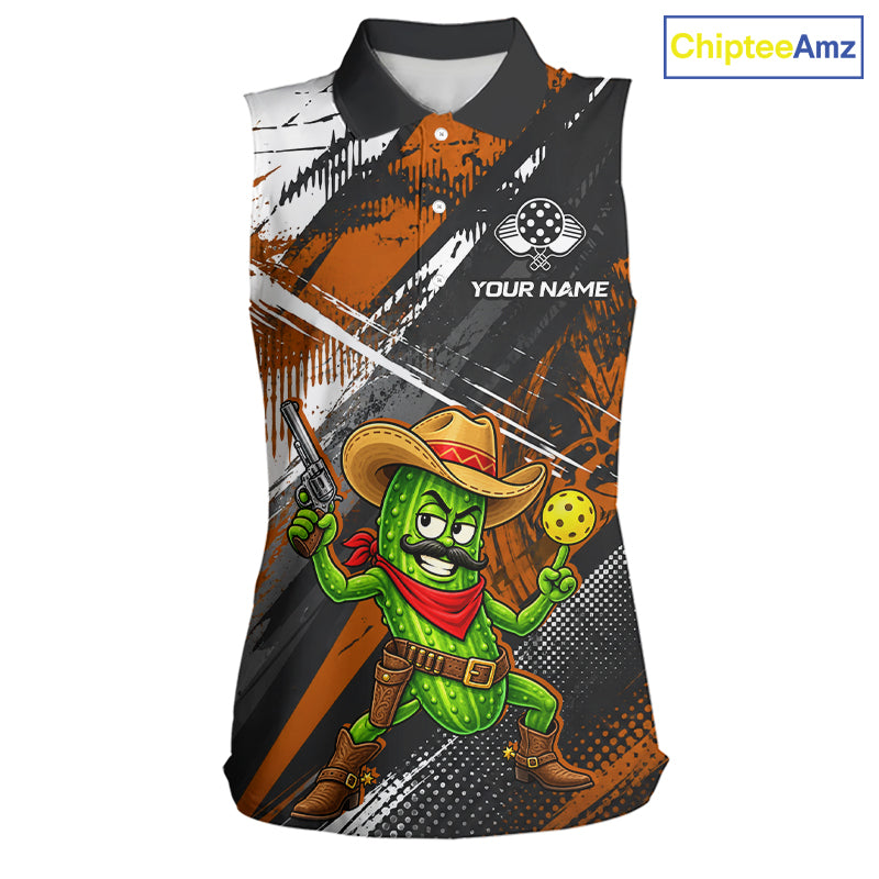 Orange Black Grunge Cowboy Pickle Sleeveless Polo Shirt For Women Custom Funny Pickle Pickleball Jersey NYN4585