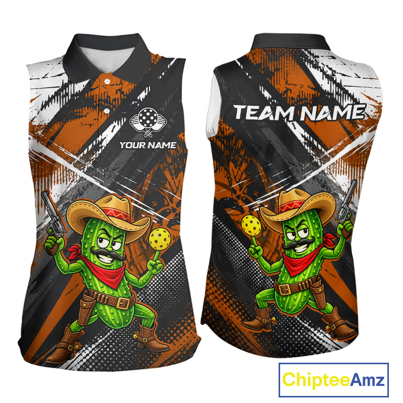 Orange Black Grunge Cowboy Pickle Sleeveless Polo Shirt For Women Custom Funny Pickle Pickleball Jersey NYN4585