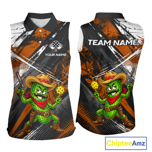 Orange Black Grunge Cowboy Pickle Sleeveless Polo Shirt For Women Custom Funny Pickle Pickleball Jersey NYN4585