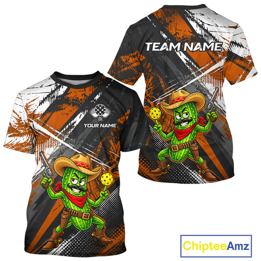 Orange Black Grunge Cowboy Pickle Pickleball Shirt For Men Custom Funny Pickle Pickleball Jersey NYN4585