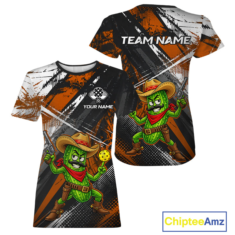 Orange Black Grunge Cowboy Pickle Pickleball Shirt For Women Custom Funny Pickle Pickleball Jersey NYN4585