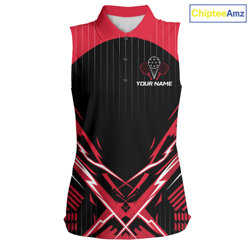 Black And Red Pickleball Sleeveless Polo Shirt For Women Custom Pickleball Team Jersey Pickleball Gift NYN4589