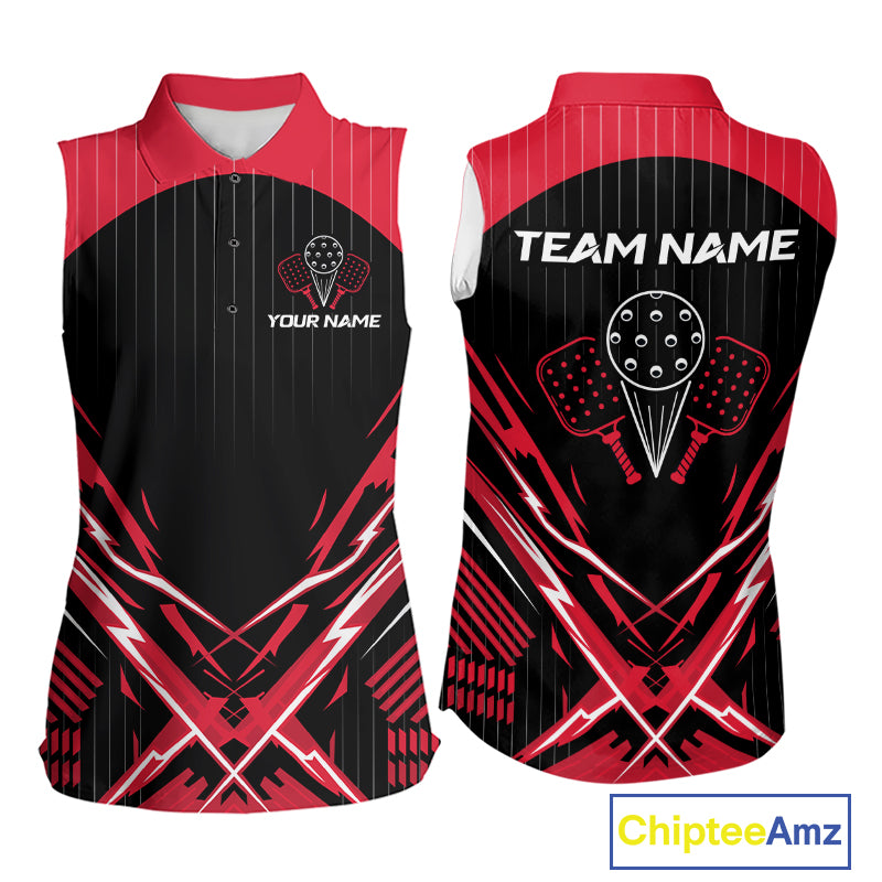 Black And Red Pickleball Sleeveless Polo Shirt For Women Custom Pickleball Team Jersey Pickleball Gift NYN4589