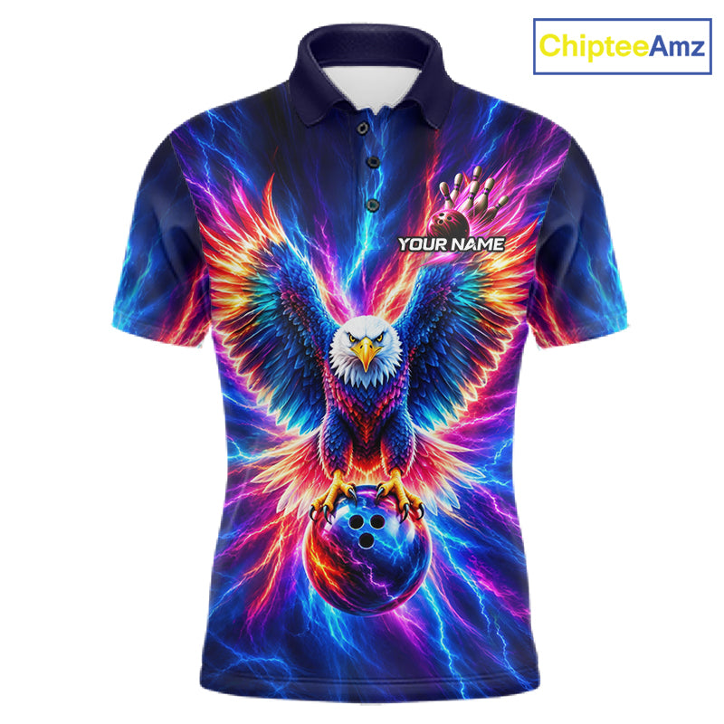 Personalized Neon Lightning Eagle Bowling Polo 1/4-Zip Shirt Men Colorful Team Jersey Bowling Shirt NYN4593