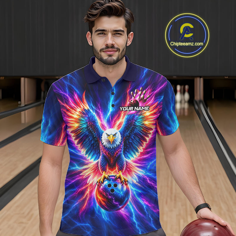 Personalized Neon Lightning Eagle Bowling Polo 1/4-Zip Shirt Men Colorful Team Jersey Bowling Shirt NYN4593