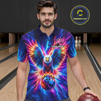 Personalized Neon Lightning Eagle Bowling Polo 1/4-Zip Shirt Men Colorful Team Jersey Bowling Shirt NYN4593