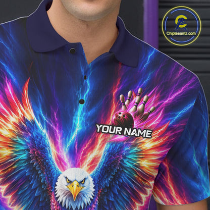 Personalized Neon Lightning Eagle Bowling Polo 1/4-Zip Shirt Men Colorful Team Jersey Bowling Shirt NYN4593
