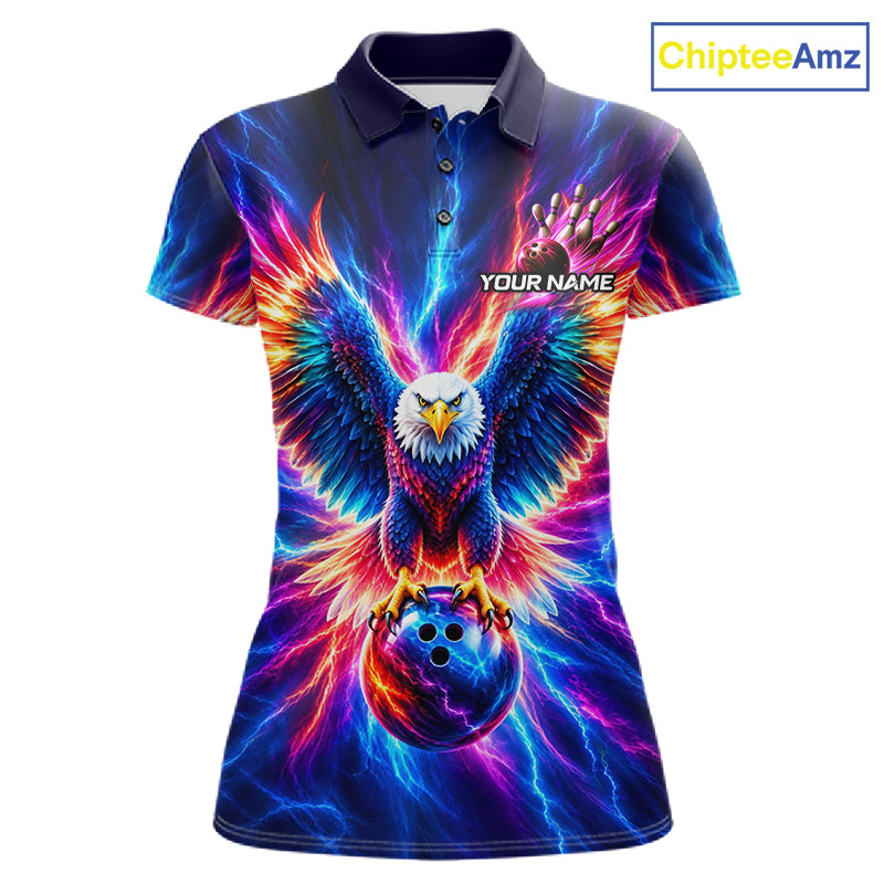 Personalized Neon Lightning Eagle Bowling Polo 1/4-Zip Shirt Women Colorful Team Jersey Bowling Shirt NYN4593