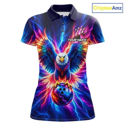 Personalized Neon Lightning Eagle Bowling Polo 1/4-Zip Shirt Women Colorful Team Jersey Bowling Shirt NYN4593