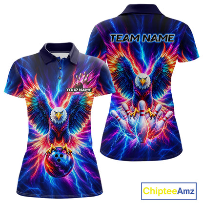 Personalized Neon Lightning Eagle Bowling Polo 1/4-Zip Shirt Women Colorful Team Jersey Bowling Shirt NYN4593