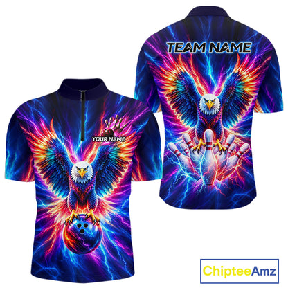 Personalized Neon Lightning Eagle Bowling Polo 1/4-Zip Shirt Men Colorful Team Jersey Bowling Shirt NYN4593