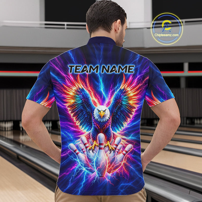 Personalized Neon Lightning Eagle Bowling Polo 1/4-Zip Shirt Men Colorful Team Jersey Bowling Shirt NYN4593