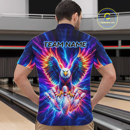 Personalized Neon Lightning Eagle Bowling Polo 1/4-Zip Shirt Men Colorful Team Jersey Bowling Shirt NYN4593