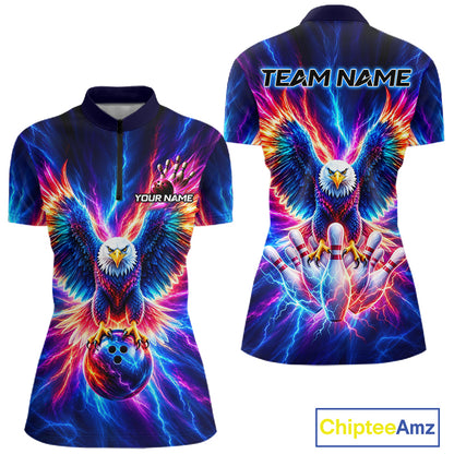 Personalized Neon Lightning Eagle Bowling Polo 1/4-Zip Shirt Women Colorful Team Jersey Bowling Shirt NYN4593