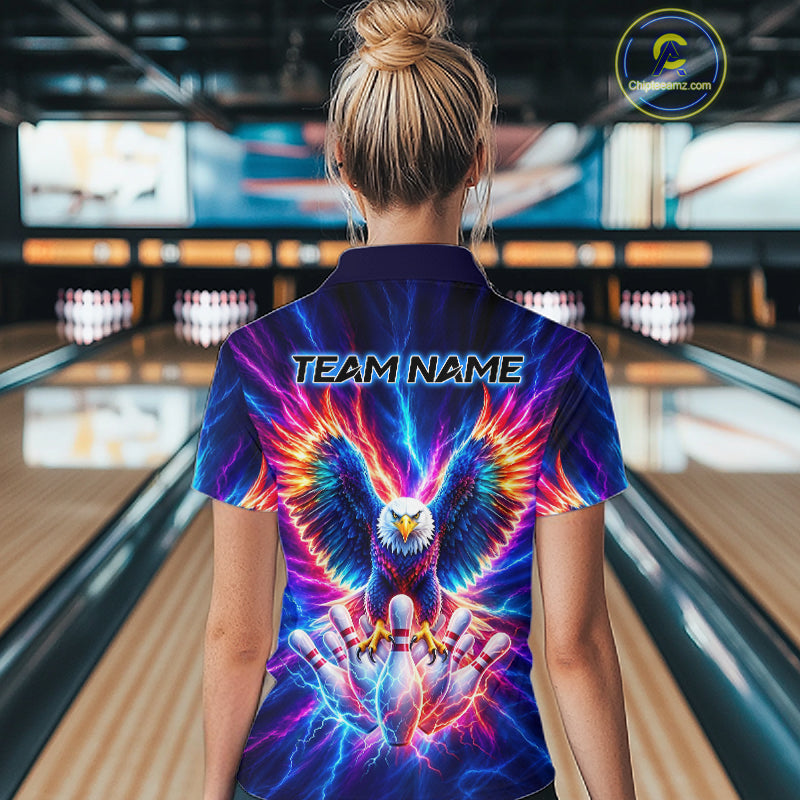 Personalized Neon Lightning Eagle Bowling Polo 1/4-Zip Shirt Women Colorful Team Jersey Bowling Shirt NYN4593
