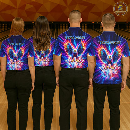 Personalized Neon Lightning Eagle Bowling Polo 1/4-Zip Shirt Women Colorful Team Jersey Bowling Shirt NYN4593